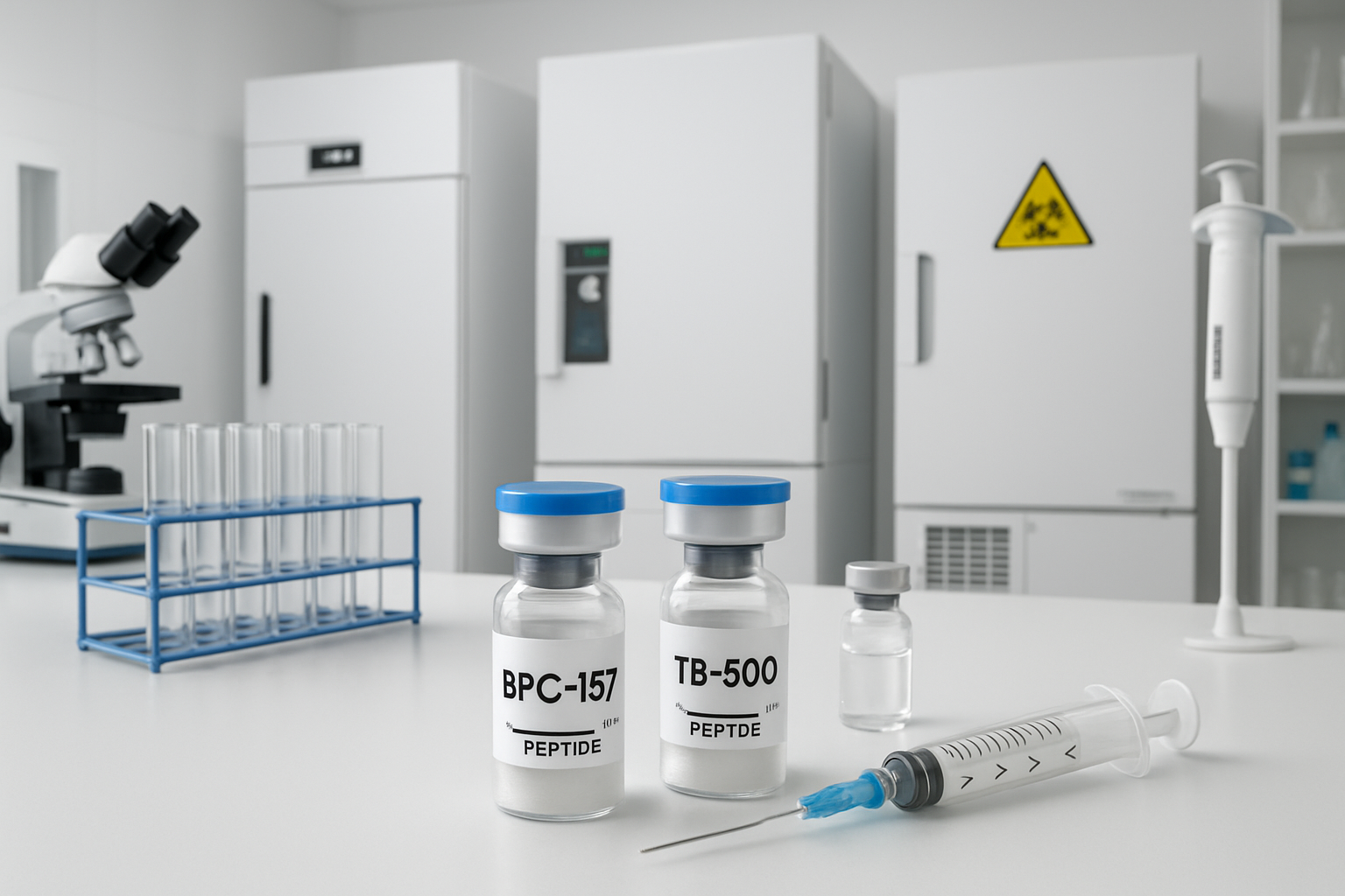 Professional research laboratory scene showing proper peptide storage and handling procedures, with vials labeled BPC-157 and TB-500, temper