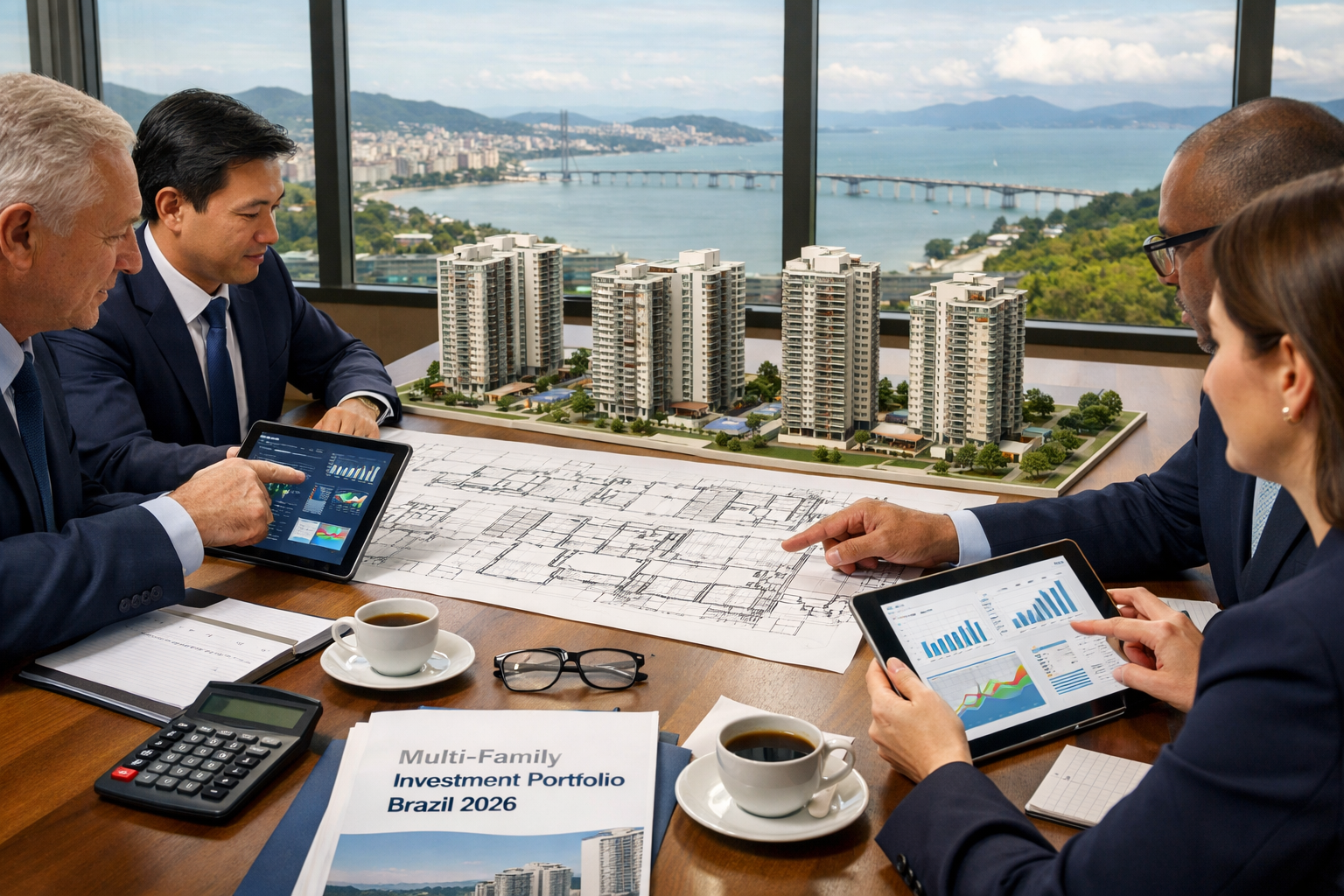 Detailed () editorial image showing professional business meeting scene with institutional investors reviewing large