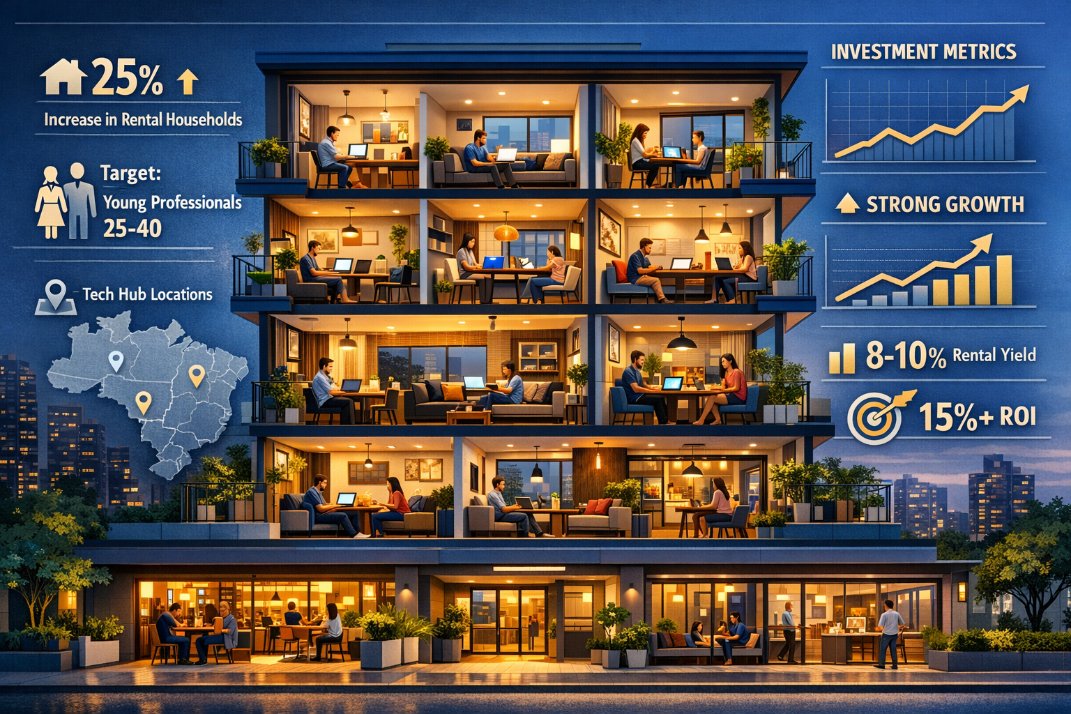 Unique () infographic-style visualization showing cross-section cutaway view of modern Brazilian multi-family residential