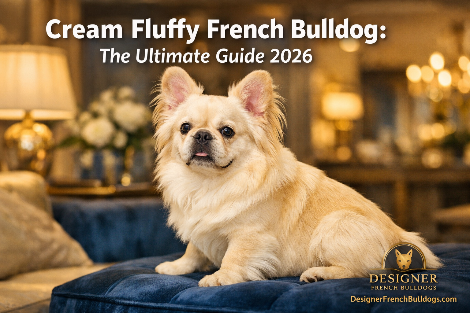 Professional landscape format (1536x1024) hero image featuring a stunning cream fluffy French Bulldog with long, silky coat in elegant pose.