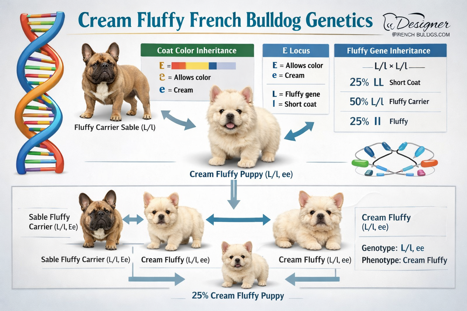 Landscape format (1536x1024) image showing cream fluffy French Bulldog genetics diagram with DNA helix, color inheritance charts, and breedi