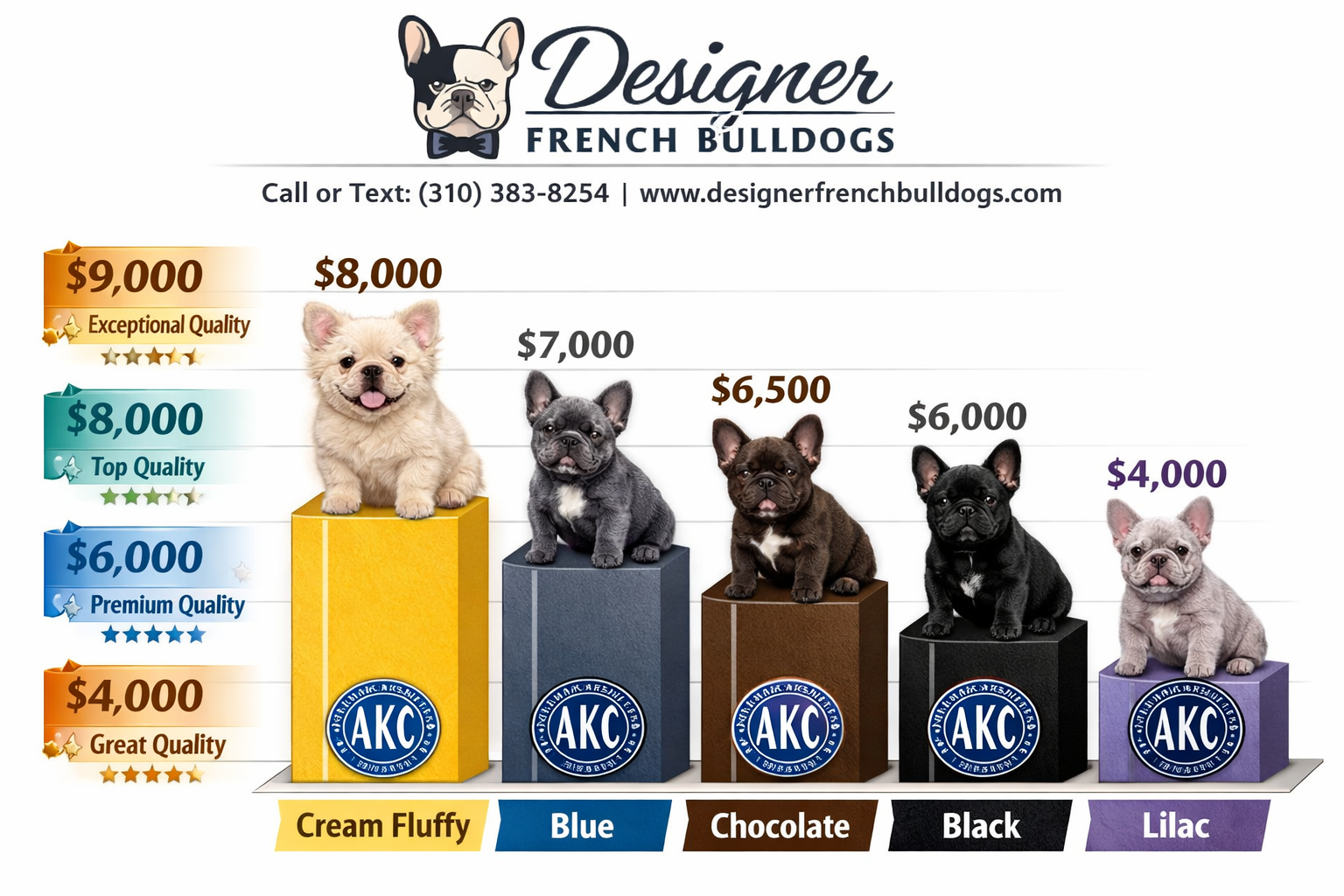Interactive price comparison chart showing cream fluffy French Bulldog alongside other color variations with pricing tiers from $4000-$9000.