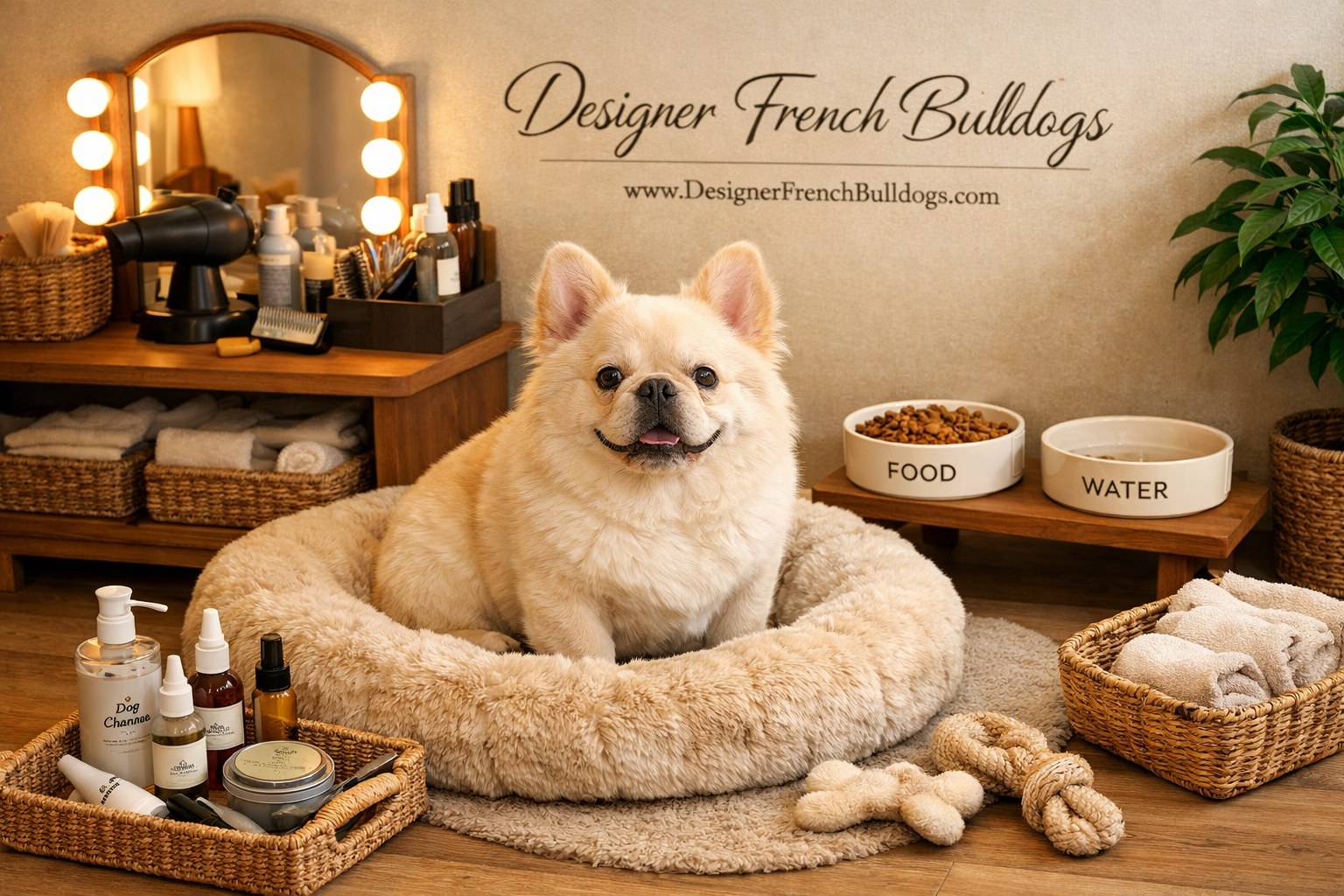 Landscape image of cream fluffy French Bulldog in ideal home environment showing grooming station, premium food bowls, comfortable bedding,