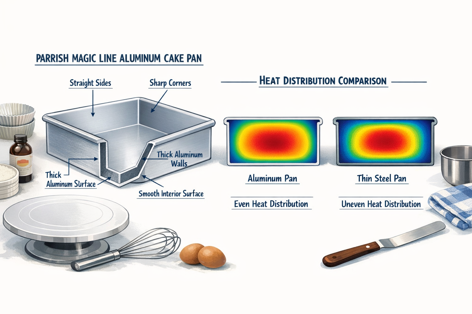 Digital illustration, graphic design style, Detailed landscape format (1536x1024) informational graphic showing a cross-section cutaway illustration of a heavy-gauge aluminum Parrish Magic Line cake pan with labeled callouts pointing to straight sides, sharp corners, thick aluminum walls, and smooth interior surface. Side-by-side comparison showing heat distribution patterns with color gradient heat map overlay on aluminum pan versus thin steel pan. Clean white background with professional baking equipment arranged around the pans including a cake turntable and offset spatula. Text annotations in dark navy blue, technical diagram style, educational bakeware infographic aesthetic.