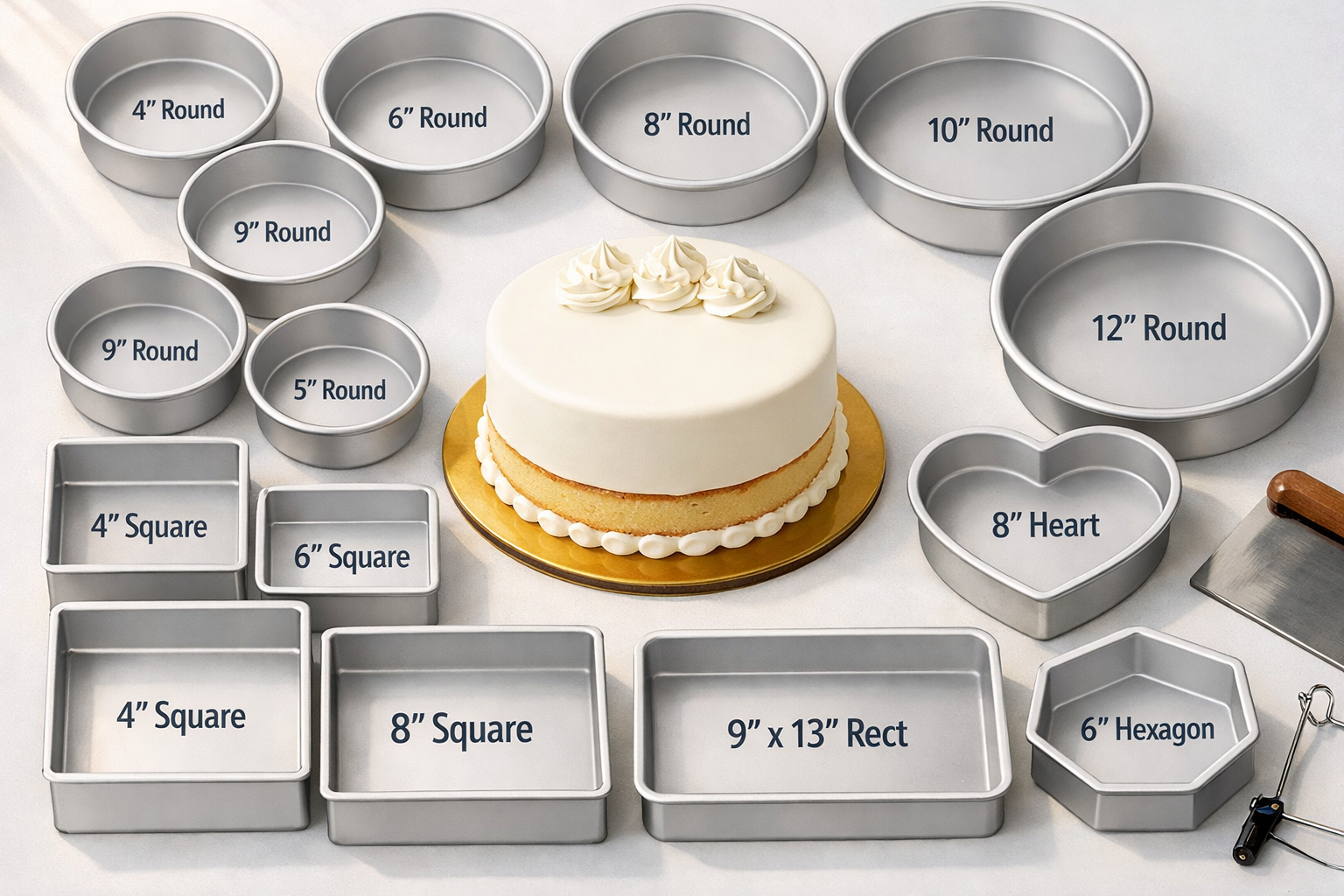 Digital illustration, graphic design style, Detailed landscape format (1536x1024) showing an organized flat-lay overhead shot of multiple Parrish Magic Line cake pans in various sizes and shapes — round pans from 4-inch to 12-inch diameter, square pans, and specialty shapes — arranged in a size progression on a clean white surface. Each pan labeled with dimensions. A freshly baked layered vanilla cake with smooth white fondant sits in the center as the hero element, surrounded by the pans. Warm natural light from the left, subtle shadows, professional food photography style with a baking tools like bench scraper and cake leveler visible at edges.