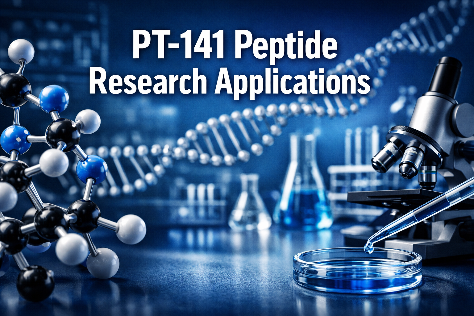 Professional landscape format (1536x1024) hero image featuring bold text overlay 'PT-141 Peptide Research Applications' in extra large 72pt 