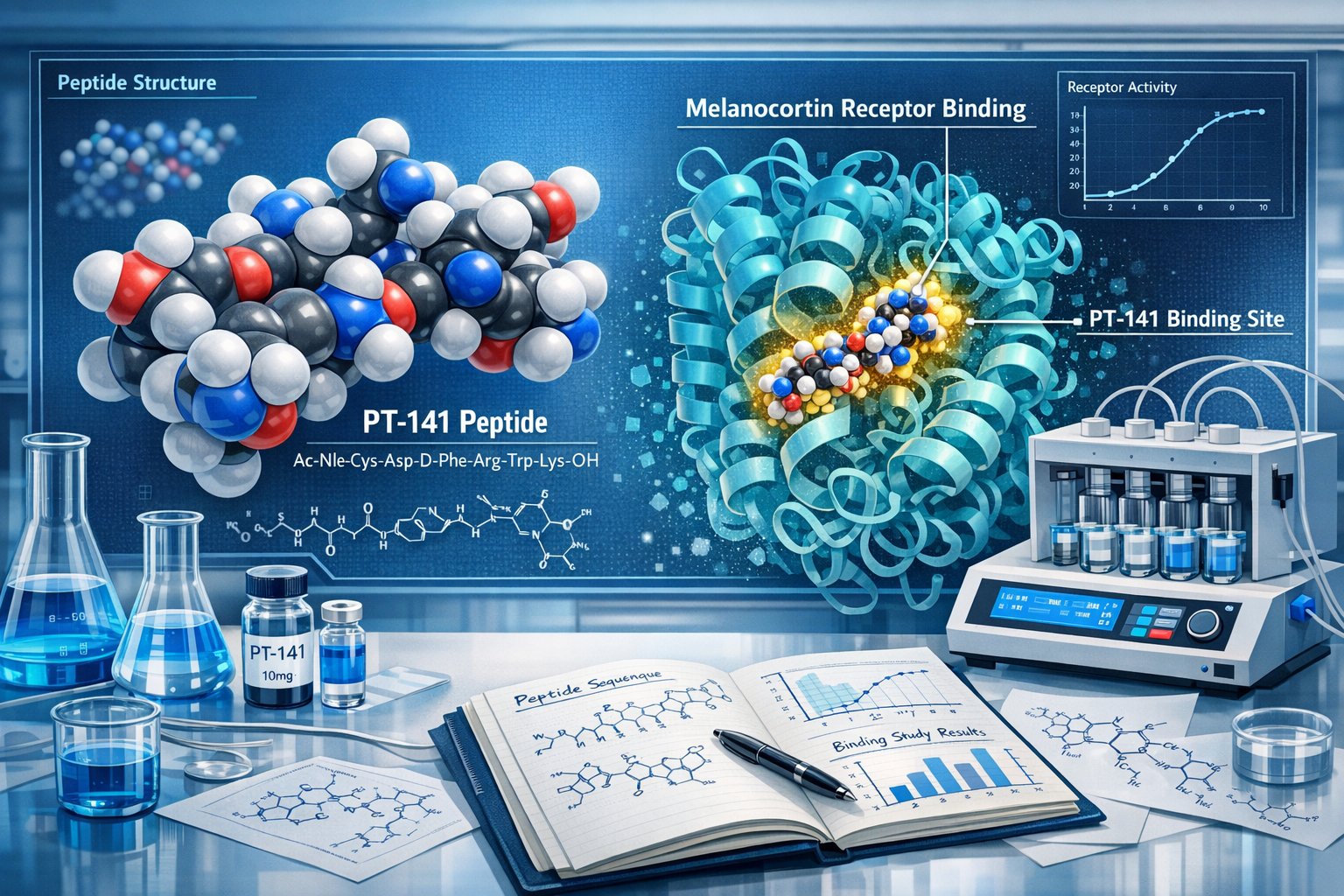 Detailed landscape format (1536x1024) image showing PT-141 peptide molecular structure with melanocortin receptor binding visualization, 3D 