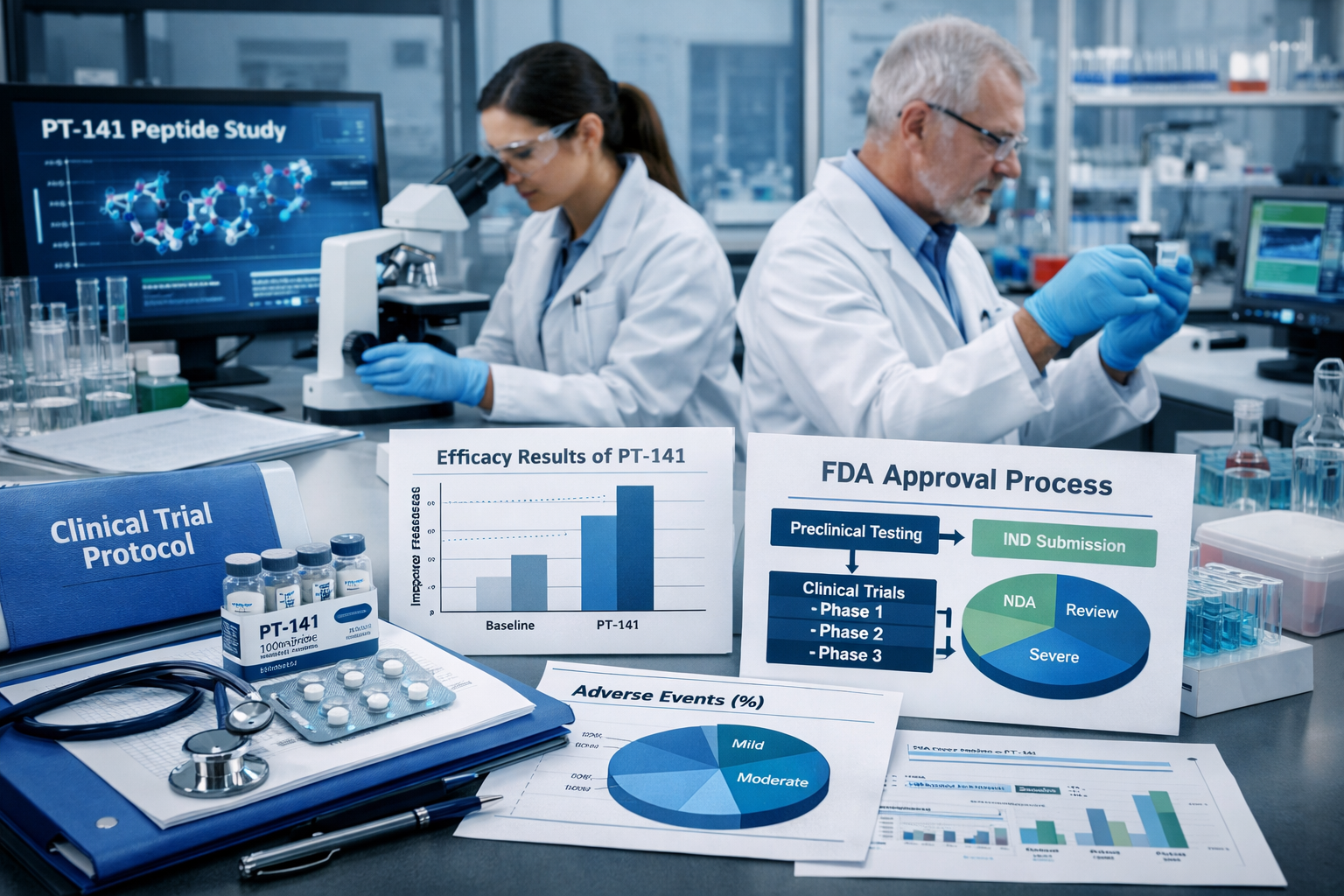 Professional landscape format (1536x1024) image depicting clinical research environment with trial documentation, FDA approval process chart