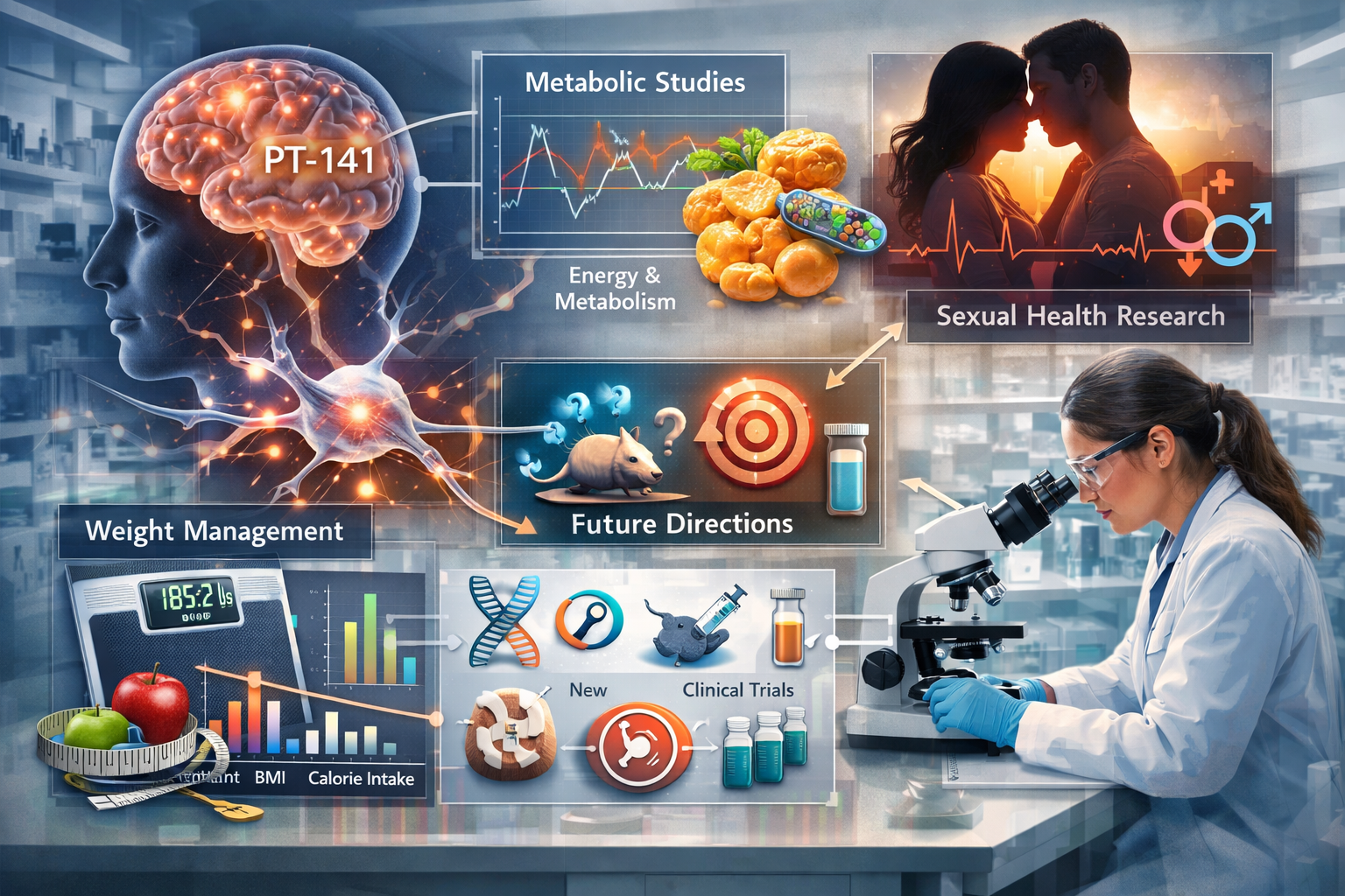 Comprehensive landscape format (1536x1024) visualization showing diverse PT-141 research applications including neurological pathways, metab
