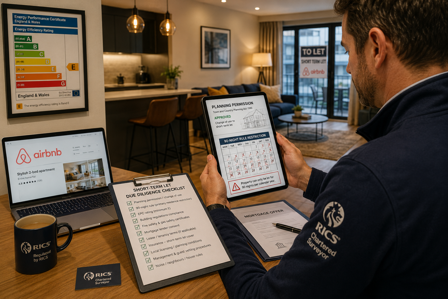 () editorial illustration showing a UK RICS chartered surveyor in a modern flat interior, holding a tablet displaying