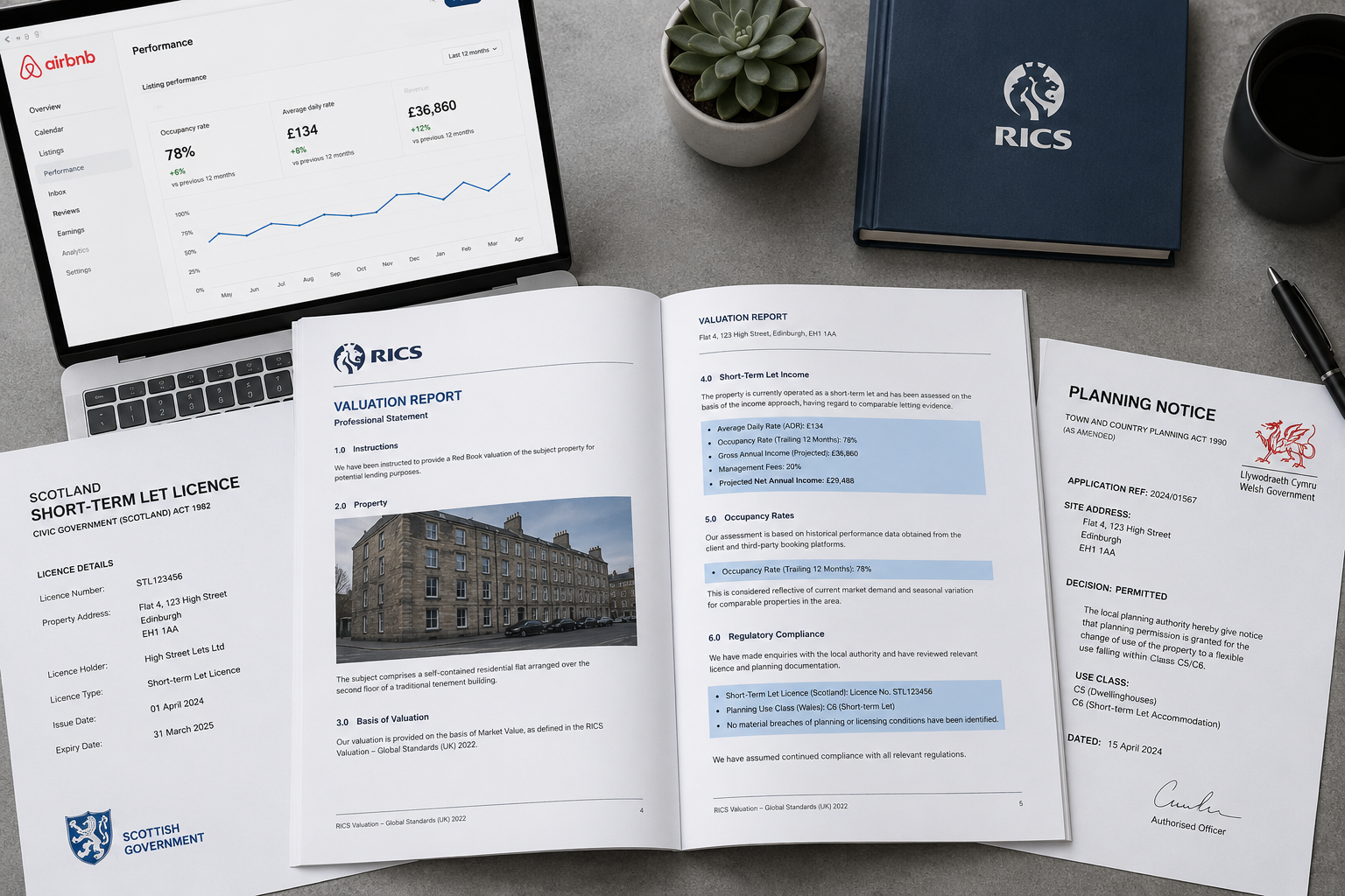 () editorial scene showing a professional RICS valuation report spread open on a desk, with highlighted sections on