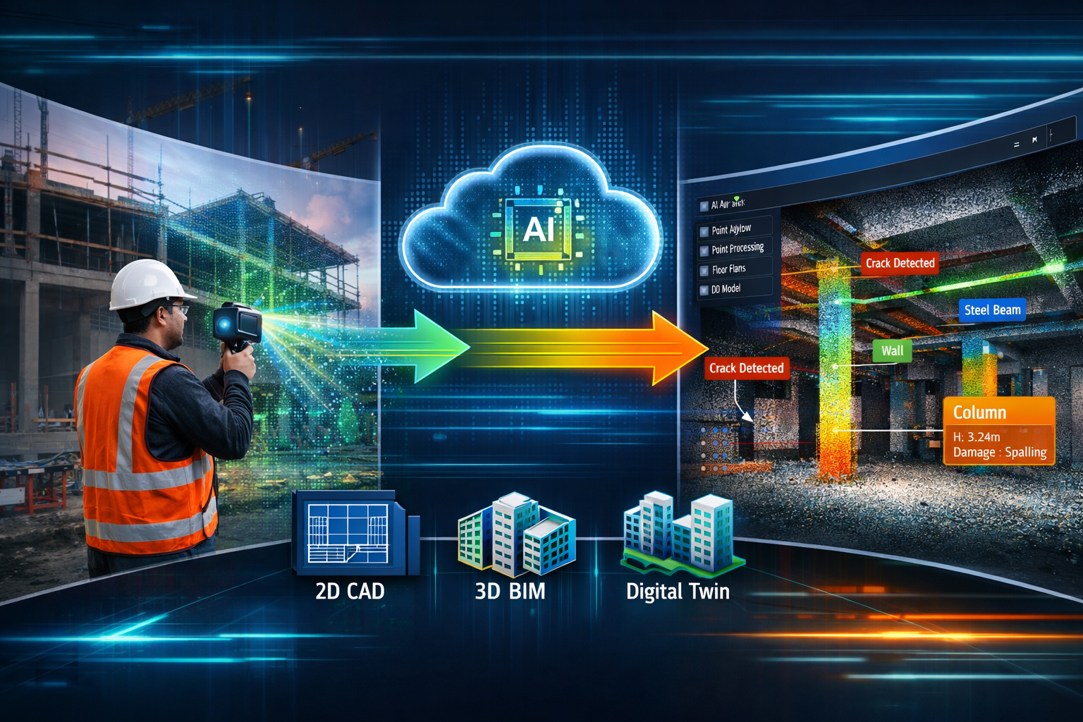 Landscape format (1536x1024) conceptual illustration demonstrating AI-enhanced reality capture workflow for property surveyors. Split-screen