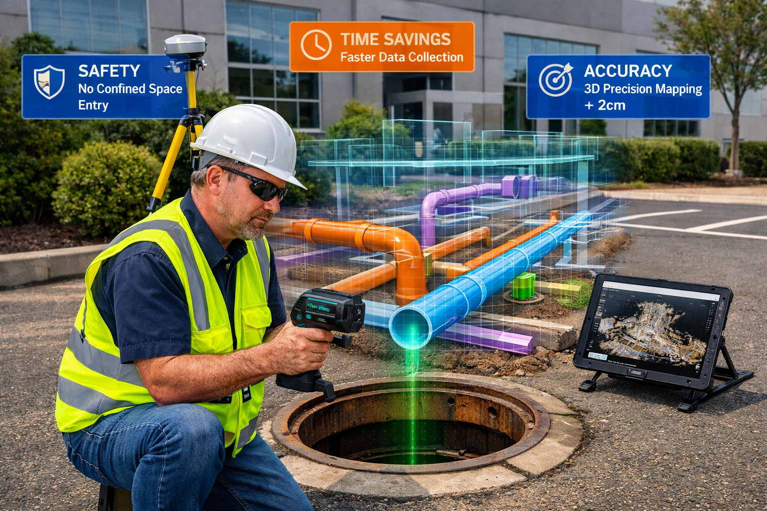 Landscape format (1536x1024) real-world application scene showing property surveyor conducting ALTA-compliant underground utility survey usi