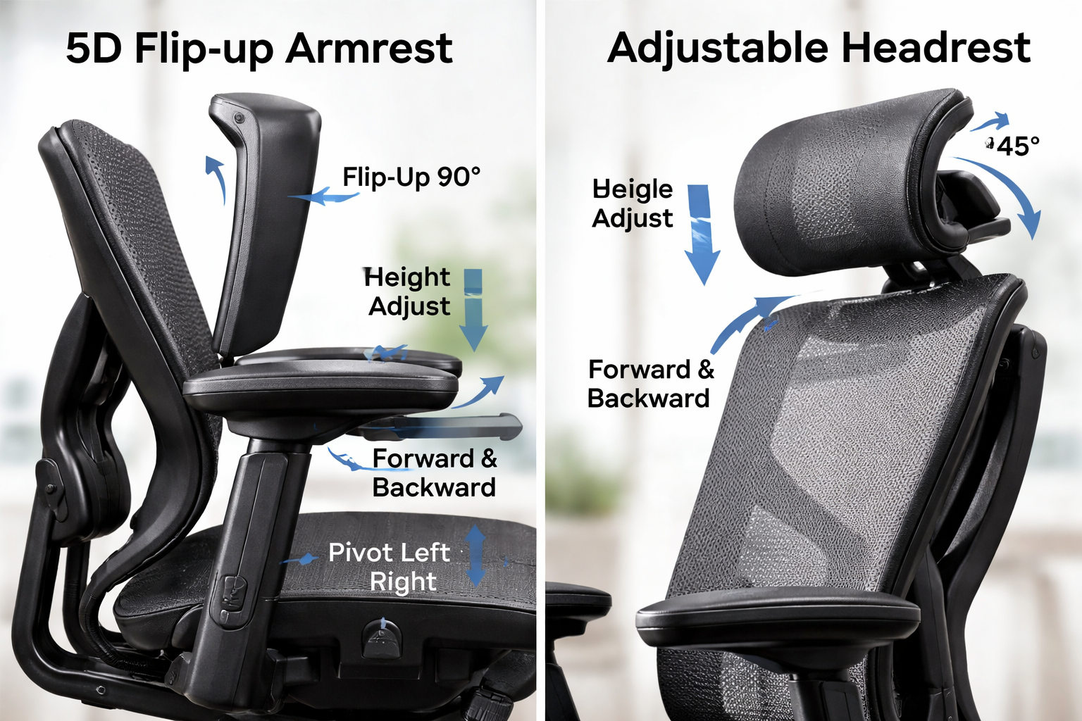 detailed view of 5D flip-up armrests and adjustable headrest features