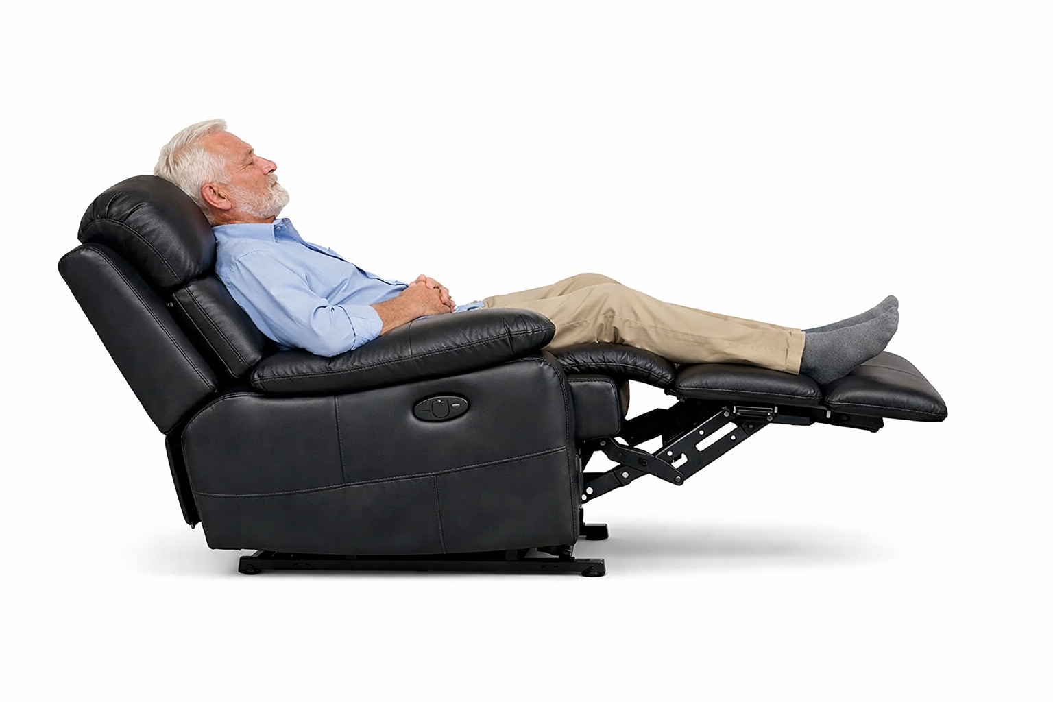 side profile showing extended footrest and reclining position capabilities