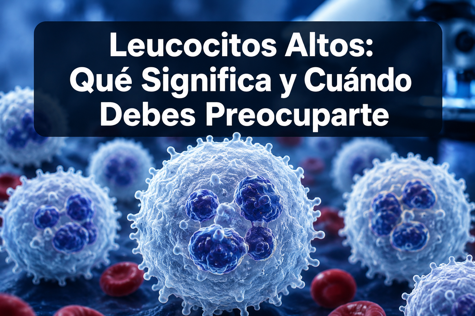 Professional () hero image with in Spanish: 'Leucocitos Altos: Qué Significa y Cuándo Debes Preocuparte' in extra large