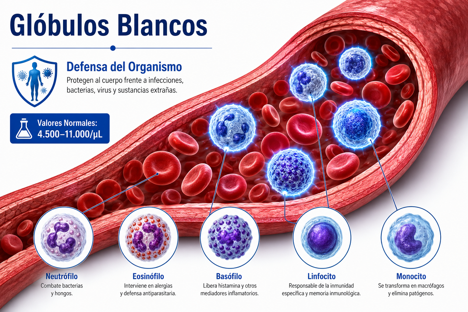 Detailed () educational infographic-style illustration showing a human bloodstream cross-section with labeled white blood