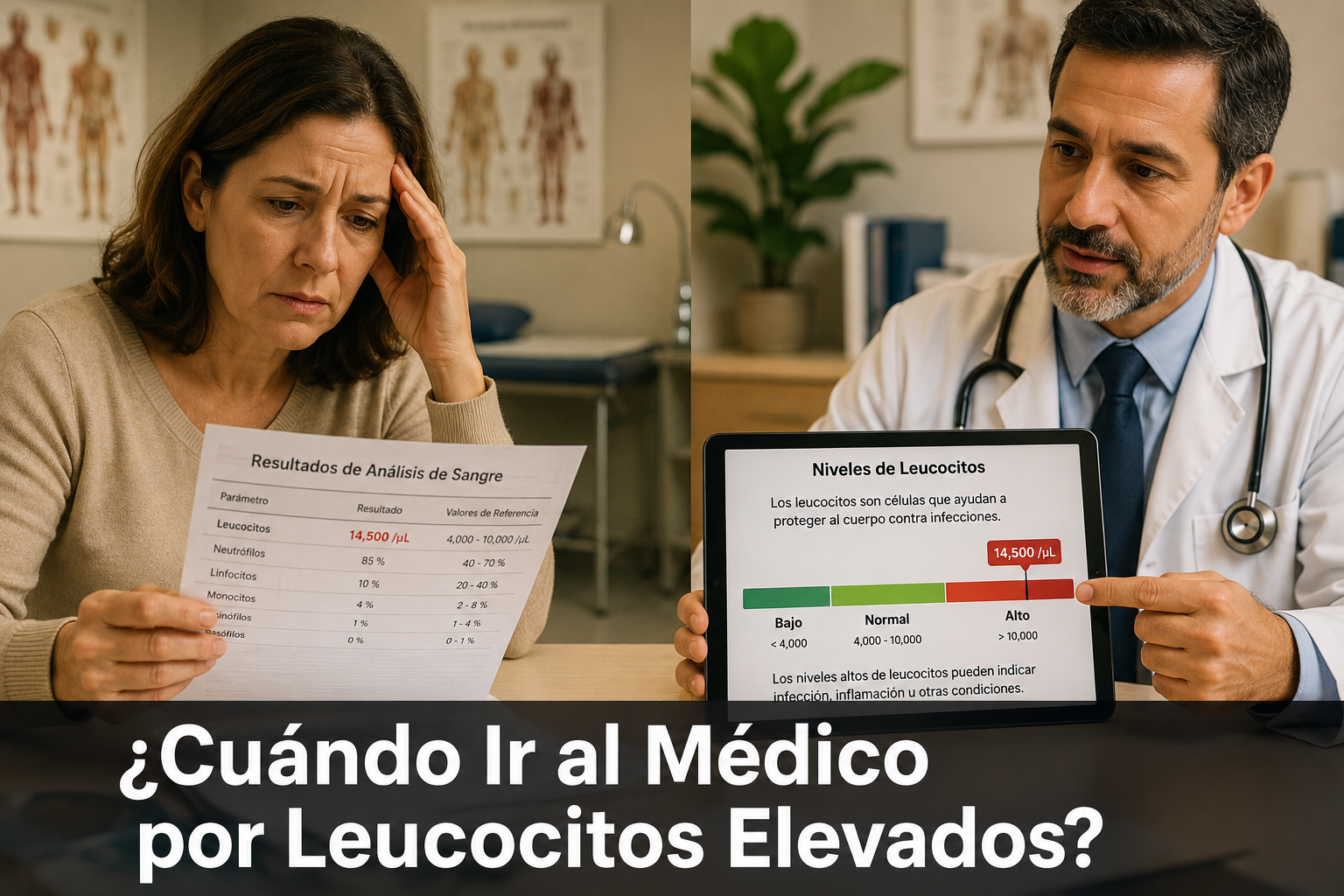 () split-composition image showing on the left side a worried patient sitting in a medical consultation room holding a paper