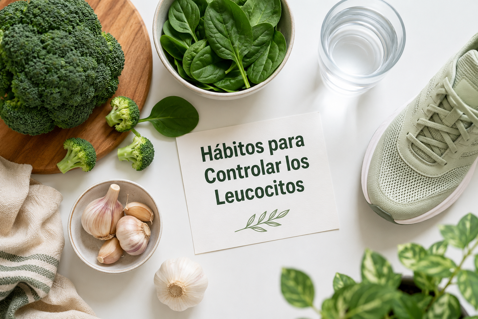 () overhead flat-lay composition on a clean white surface showing fresh vegetables (brócoli, espinacas, ajo), a glass of
