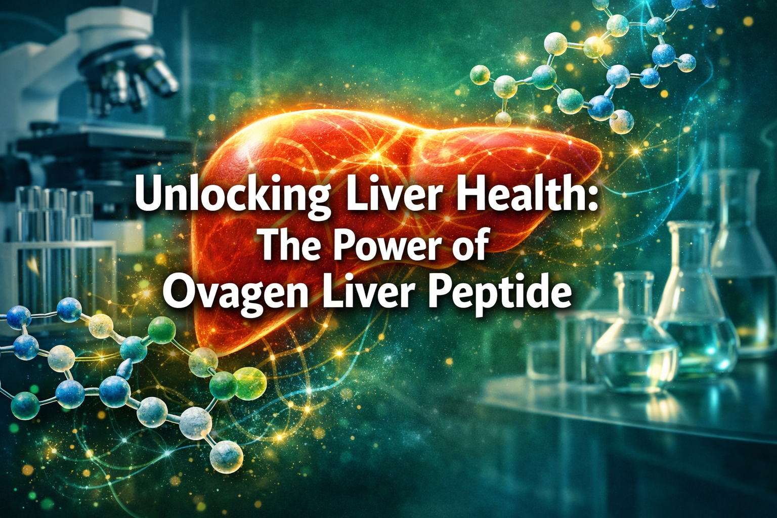 Professional landscape hero image (1536x1024) featuring bold text overlay: 'Unlocking Liver Health: The Power of Ovagen Liver Peptide', in e