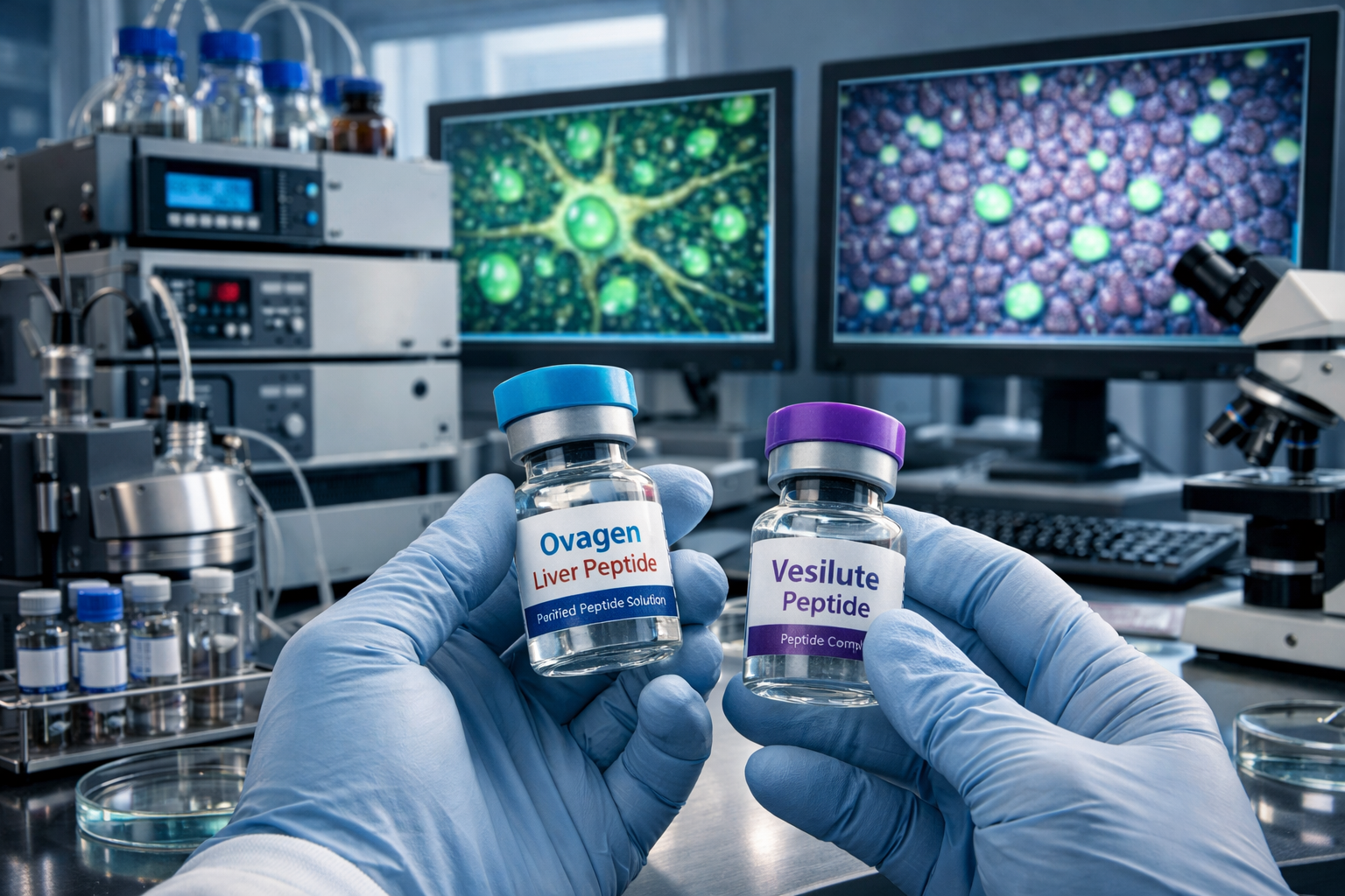 A detailed editorial image depicting a sophisticated laboratory setup focusing on peptide synthesis and analysis, with a clear emphasis on l