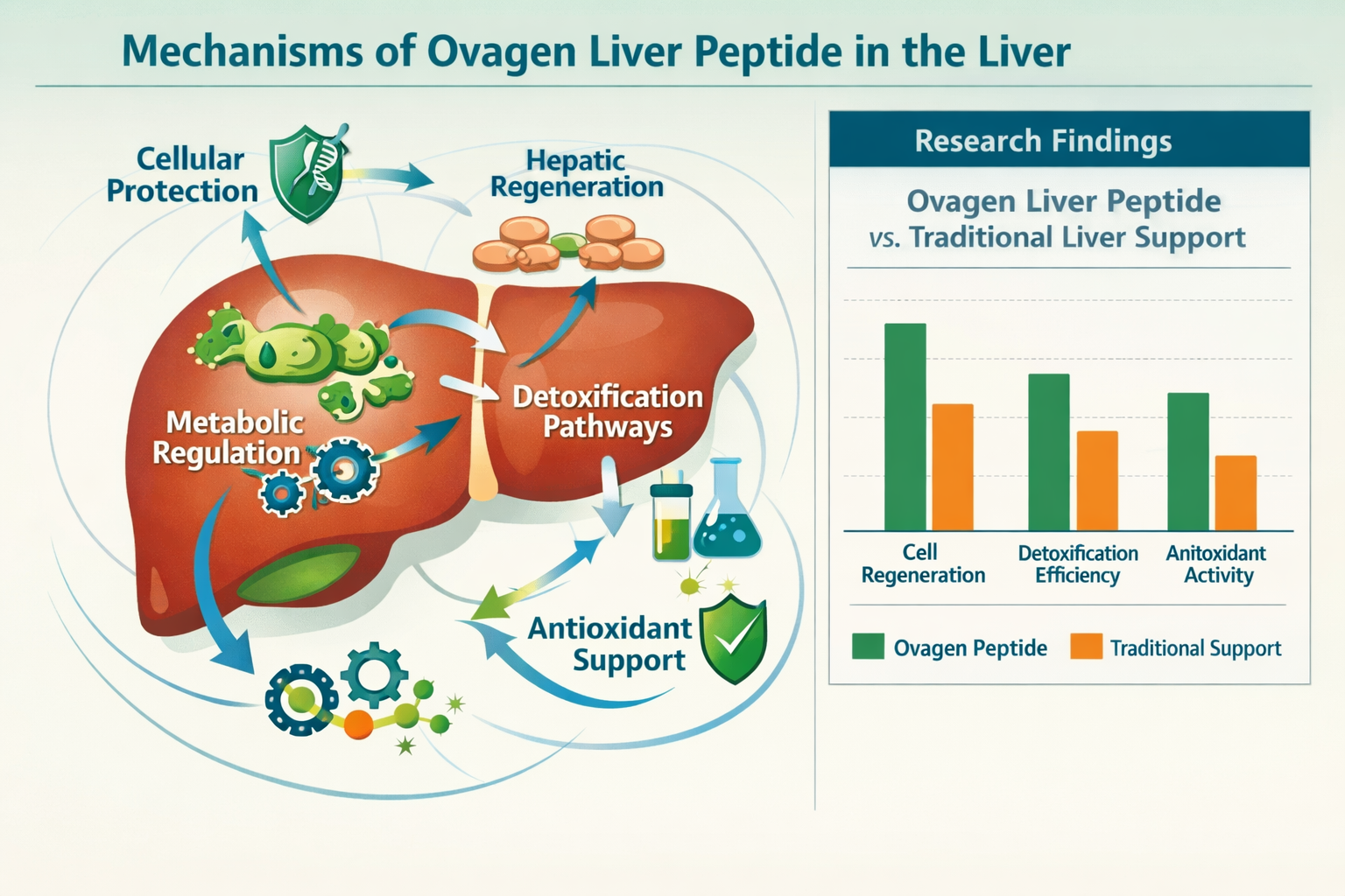 An infographic-style image illustrating the proposed mechanisms of action for ovagen liver peptide within the human liver. The graphic shoul