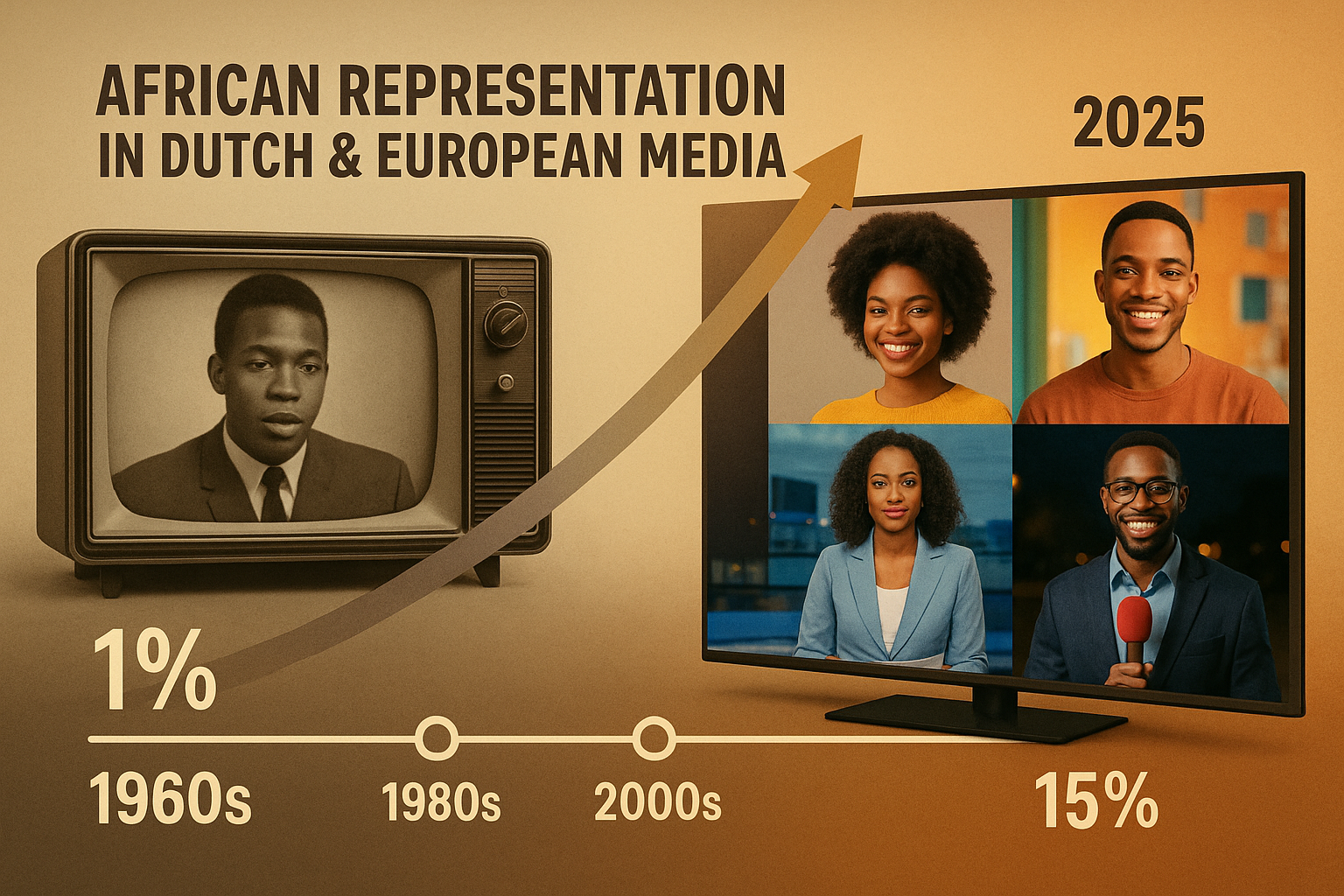 Het Belang van Representatie in de Media voor Mensen met Afrikaanse Origine: Waarom Zichtbaarheid Ertoe Doet 2 Editorial landscape image (1536x1024) showing historical timeline visualization of African representation in Dutch and European media from 1