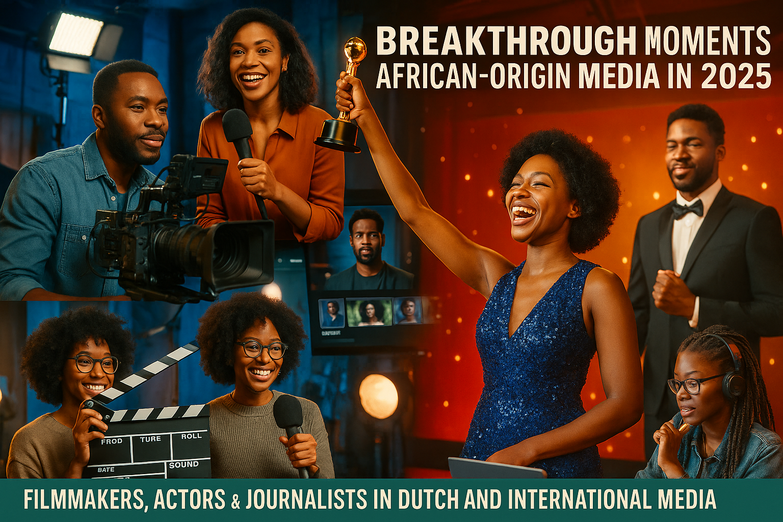 Het Belang van Representatie in de Media voor Mensen met Afrikaanse Origine: Waarom Zichtbaarheid Ertoe Doet 4 Dynamic landscape image (1536x1024) showcasing successful African-origin media personalities, filmmakers, actors, and journalists in Dutch a