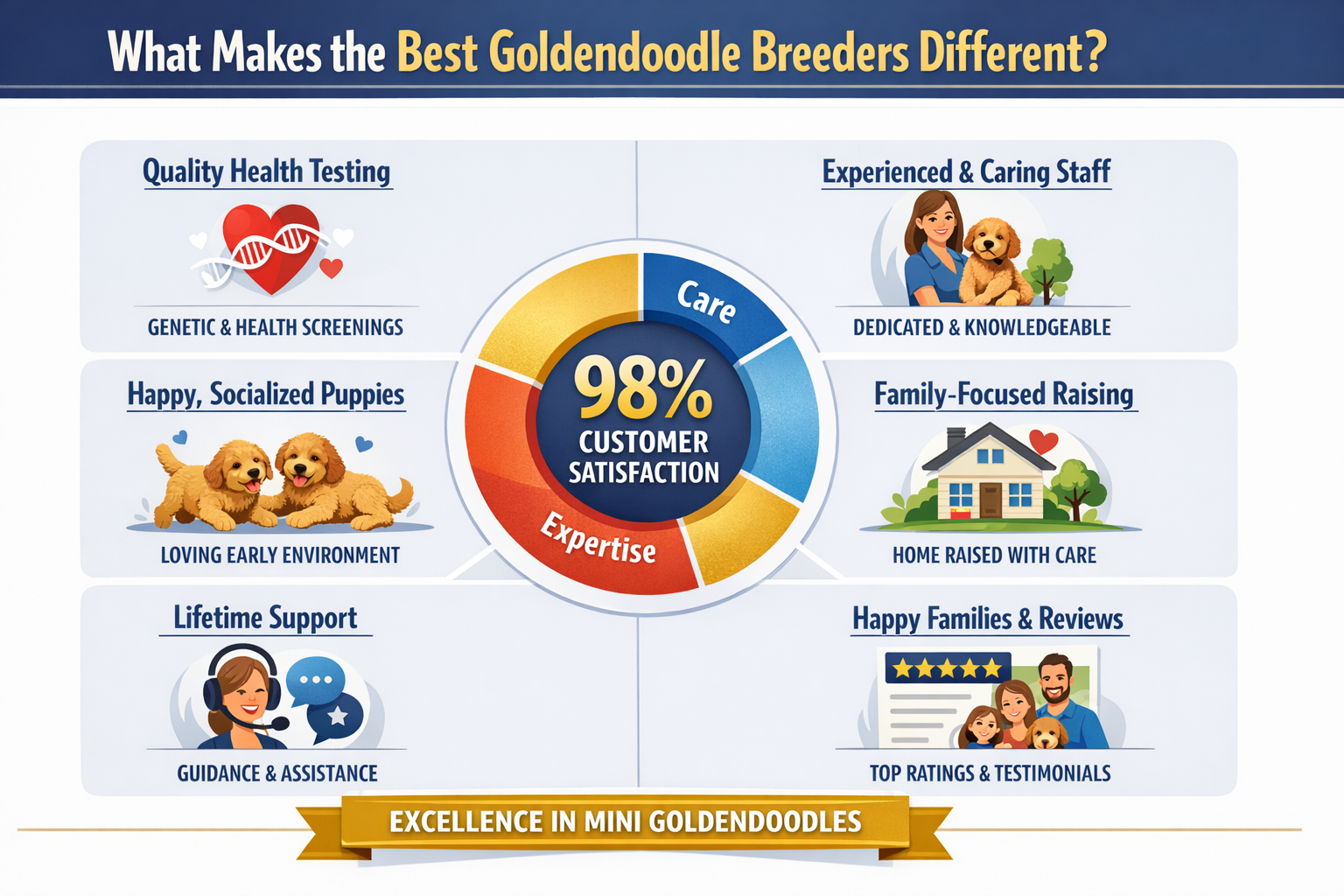 Professional infographic for article "Best Goldendoodle Breeders: Why Designer Mini Doodles Leads the Nation in 2026",