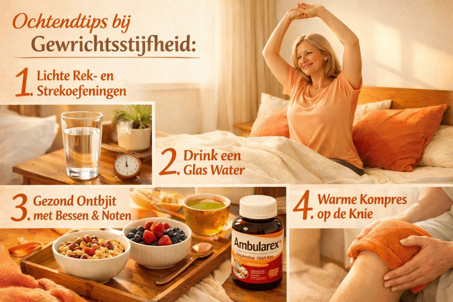 Lifestyle composition showing morning routine tips for joint stiffness relief: person doing gentle stretching exercises in bed, glass of wat