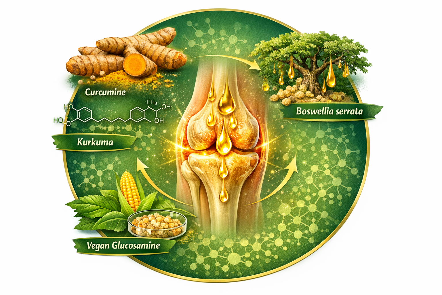 Scientific visualization of natural anti-inflammatory ingredients: golden turmeric root with curcumine molecule structure overlay, Boswellia