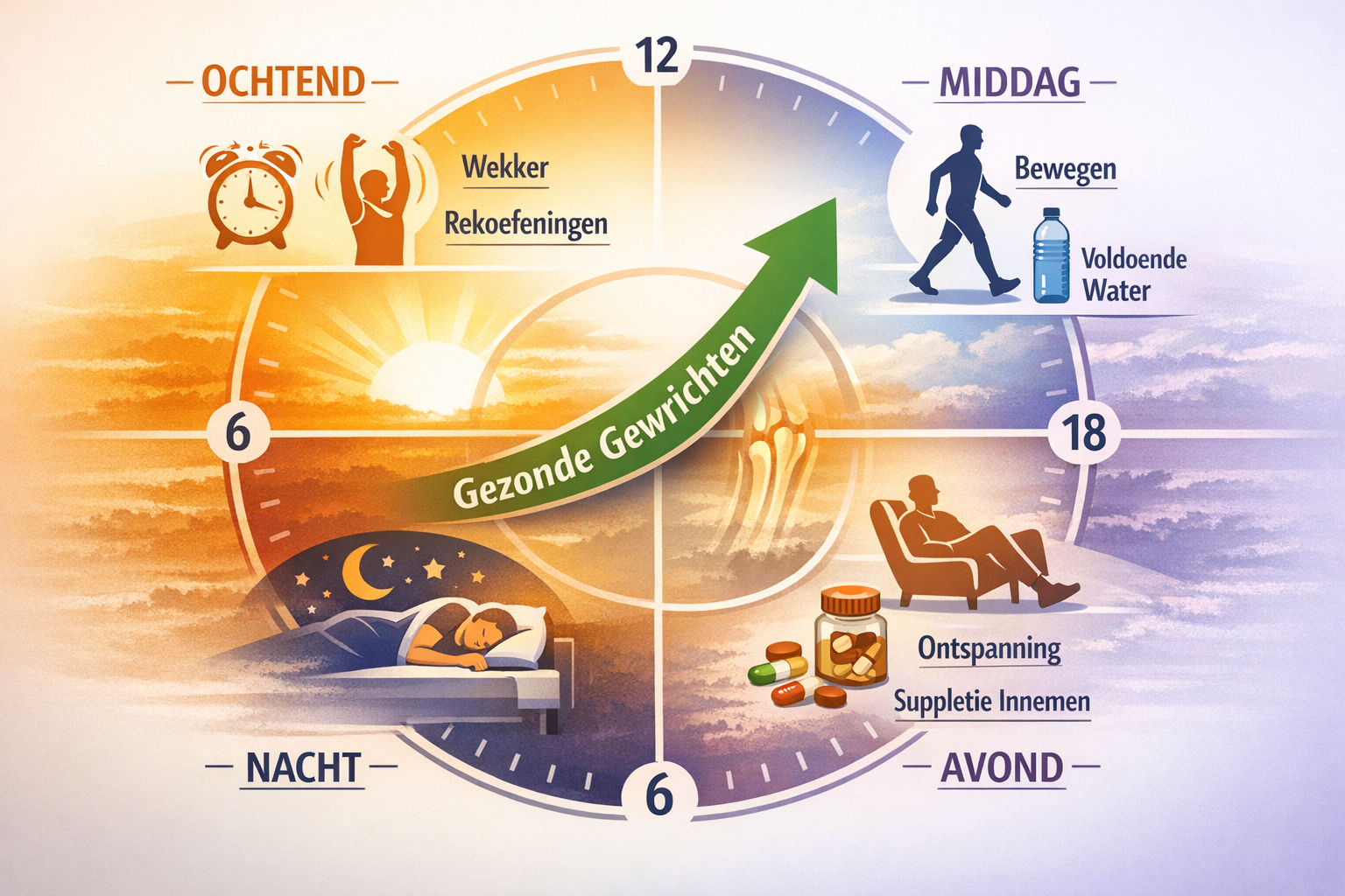 Comparison infographic showing daily joint care routine: morning (alarm clock, stretching figure), midday (active person walking, water bott