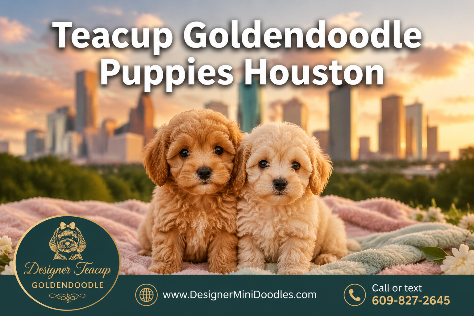 Professional () hero image featuring 'Teacup Goldendoodle Puppies Houston' in extra large white with subtle dark , centered