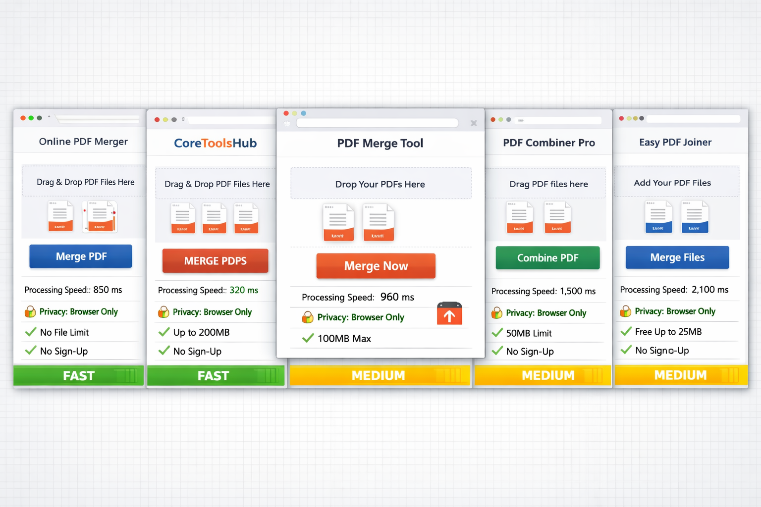 Landscape format (1536x1024) detailed comparison infographic showing five browser windows side-by-side displaying different online PDF merge