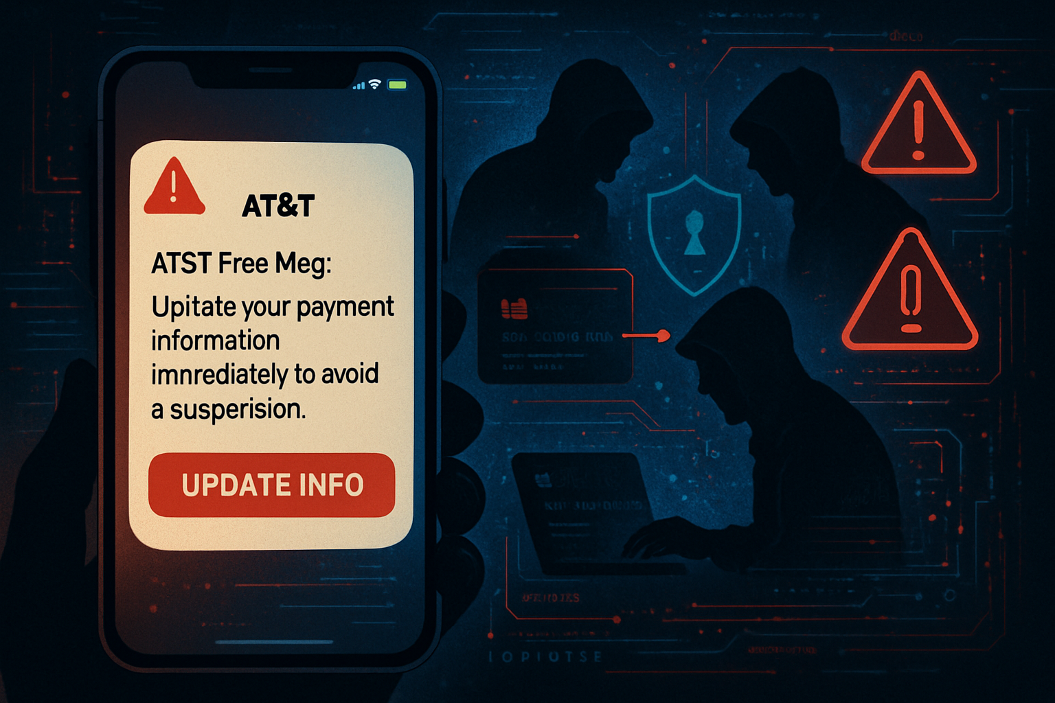 Detailed illustration showing smartphone screen displaying fake text message with phishing elements, Chinese criminal silhouettes in backgro