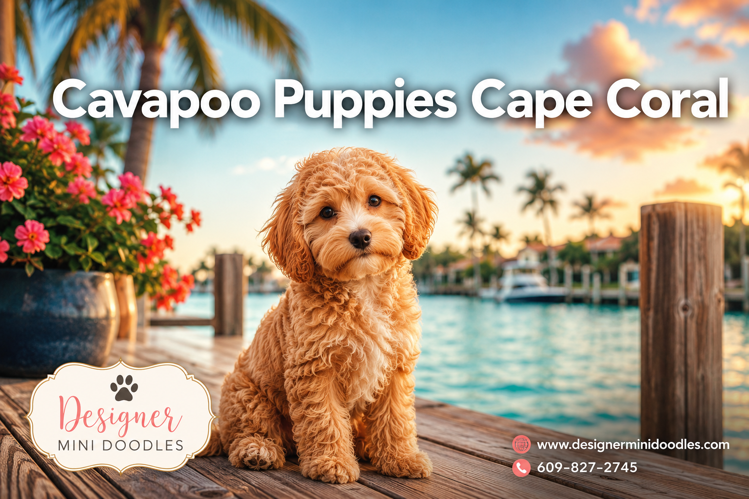 Professional () hero image with : 'Cavapoo Puppies Cape Coral', centered in upper third. Background shows a fluffy apricot