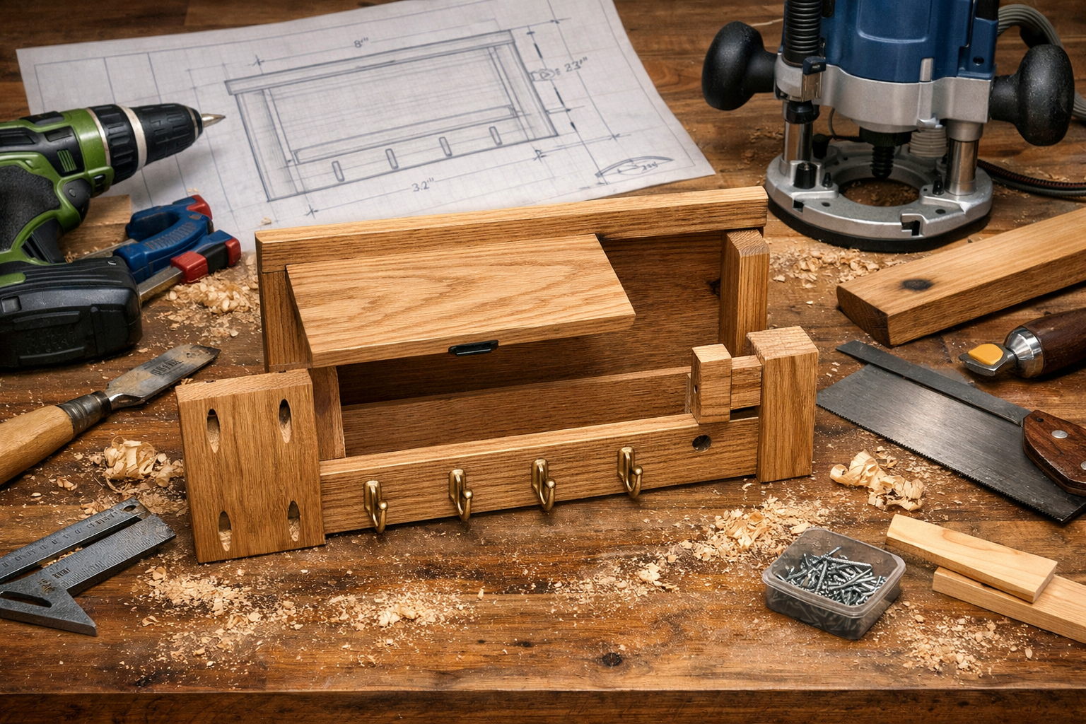 Landscape format (1536x1024) image illustrating a woodworking workshop table with various tools (drill, clamps, router, hand saw) laid out a