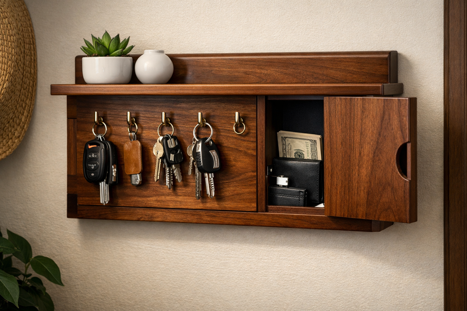 Landscape format (1536x1024) image showcasing a finished custom wooden key holder mounted on an entryway wall. It has several metallic key h