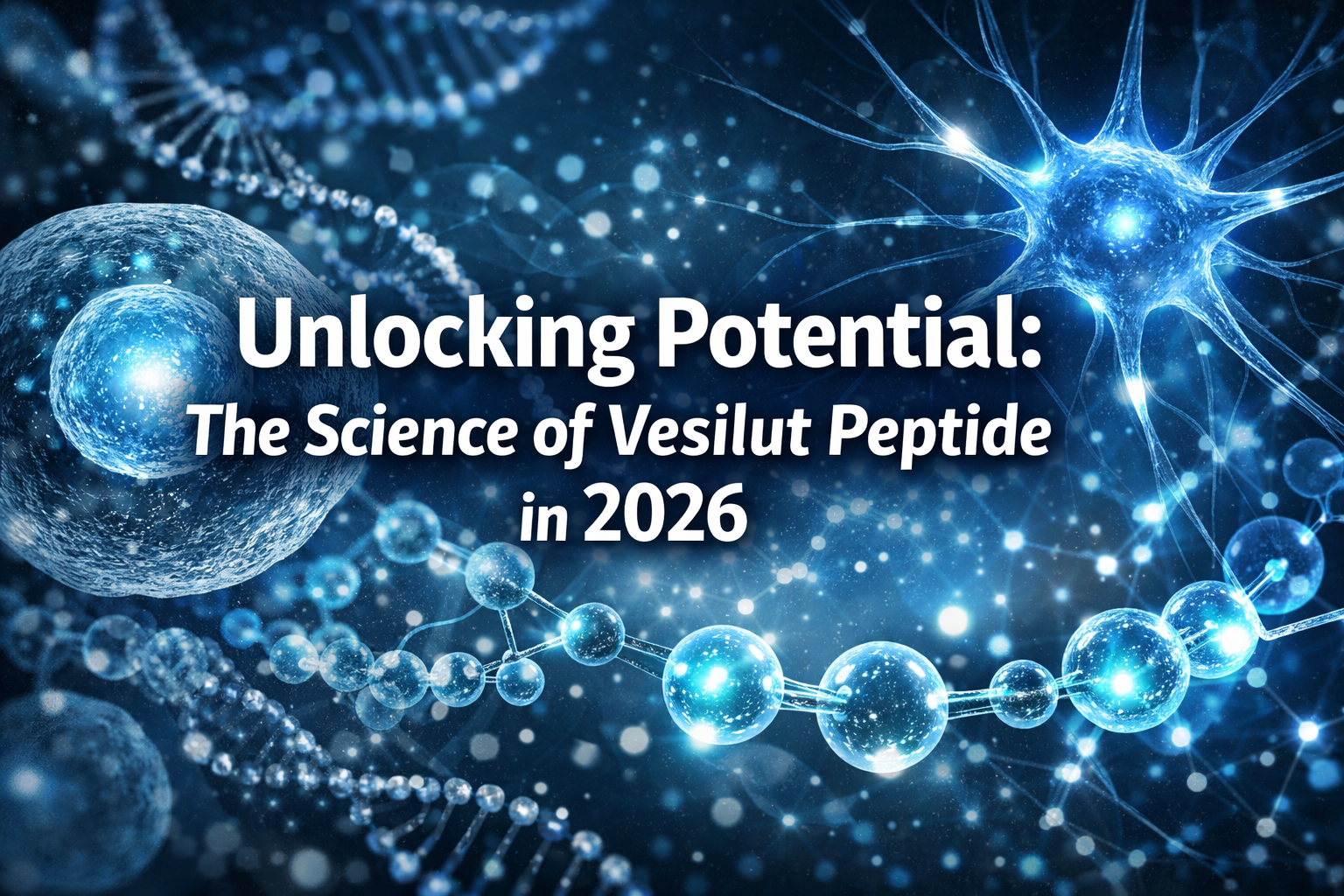 Professional landscape hero image (1536x1024) featuring bold text overlay: 'Unlocking Potential: The Science of Vesilut Peptide in 2026', in