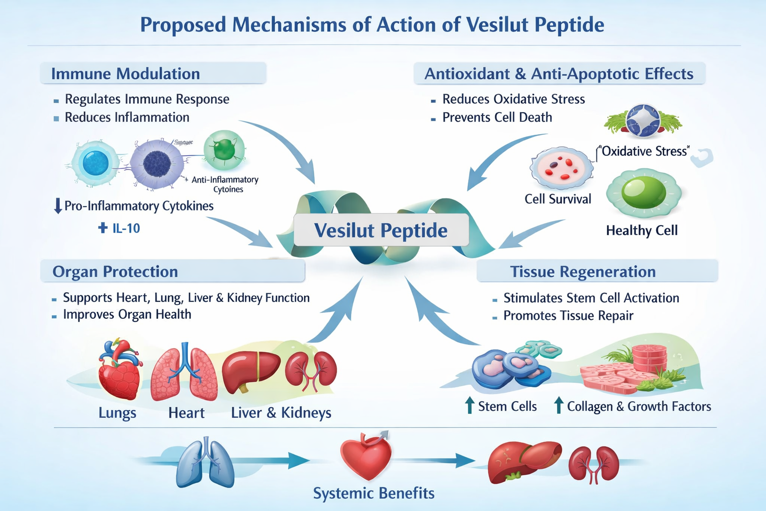 A detailed infographic illustrating the proposed mechanisms of action for vesilut peptide, showing schematic representations of cellular int