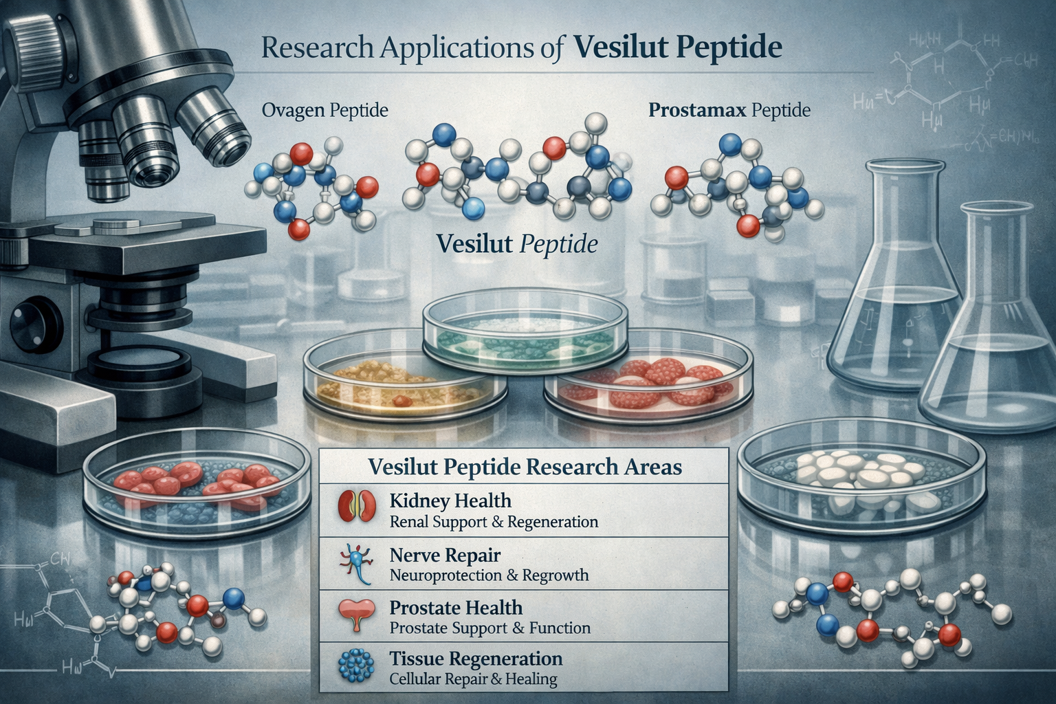 A professional illustration depicting various research applications of vesilut peptide within a laboratory setting, showcasing petri dishes,
