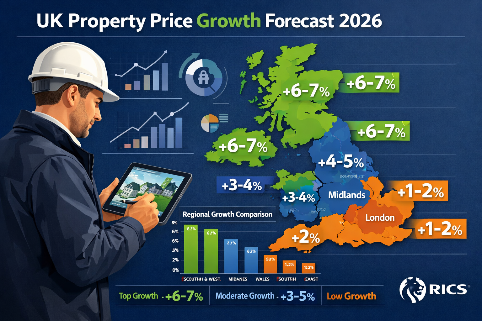 () detailed infographic showing UK map with color-coded regional property price growth percentages for 2026. Northern