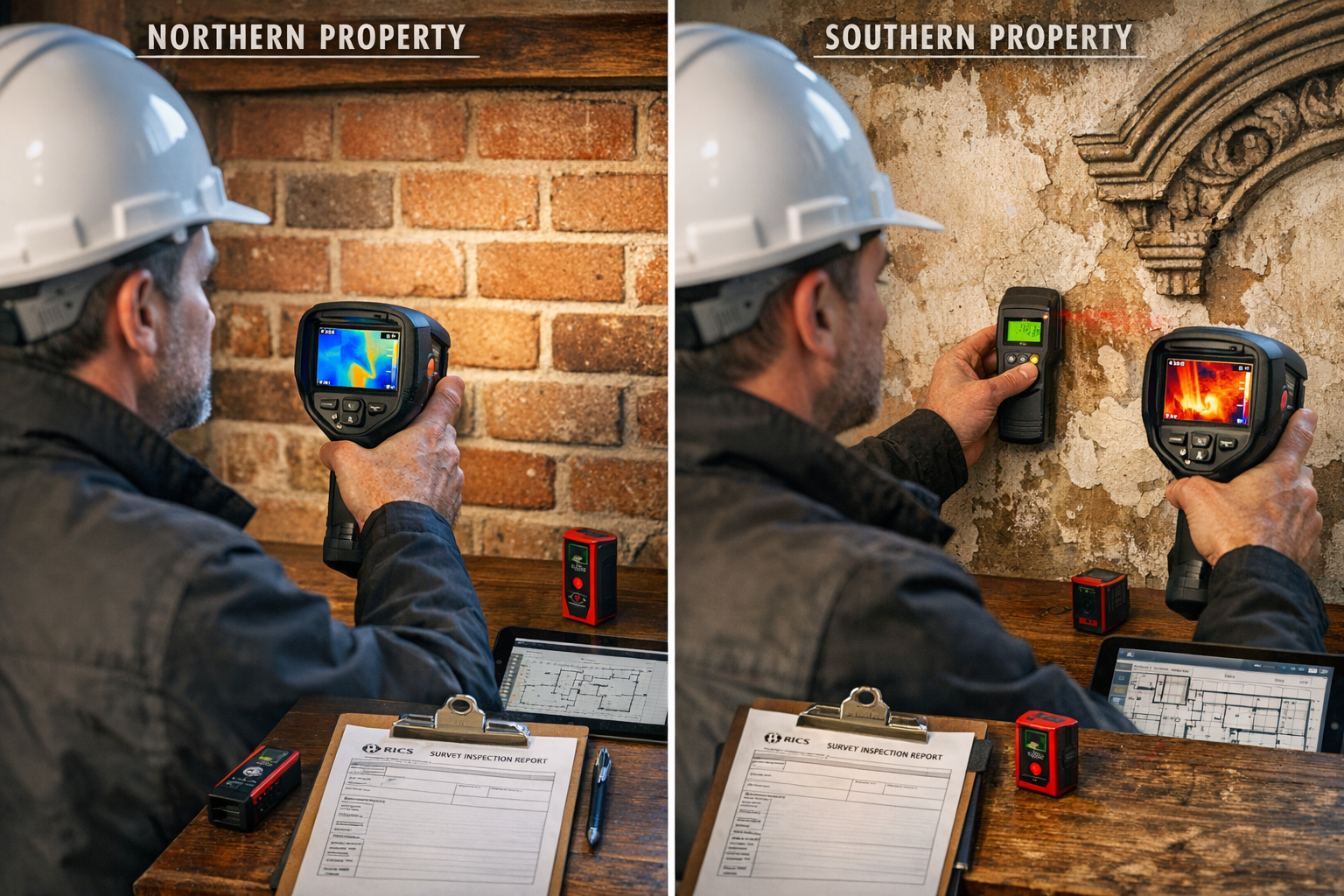 () close-up scene of professional chartered surveyor conducting detailed building inspection inside period property.