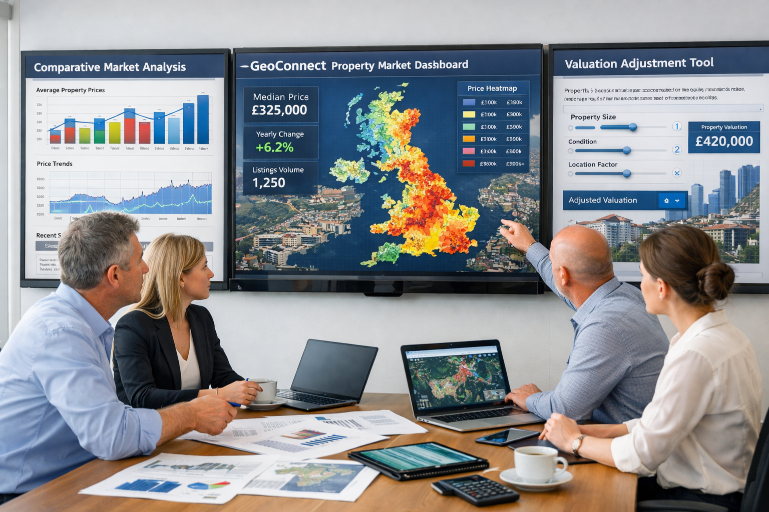 () modern office setting showing surveyor team analyzing regional valuation data on large wall-mounted screens displaying
