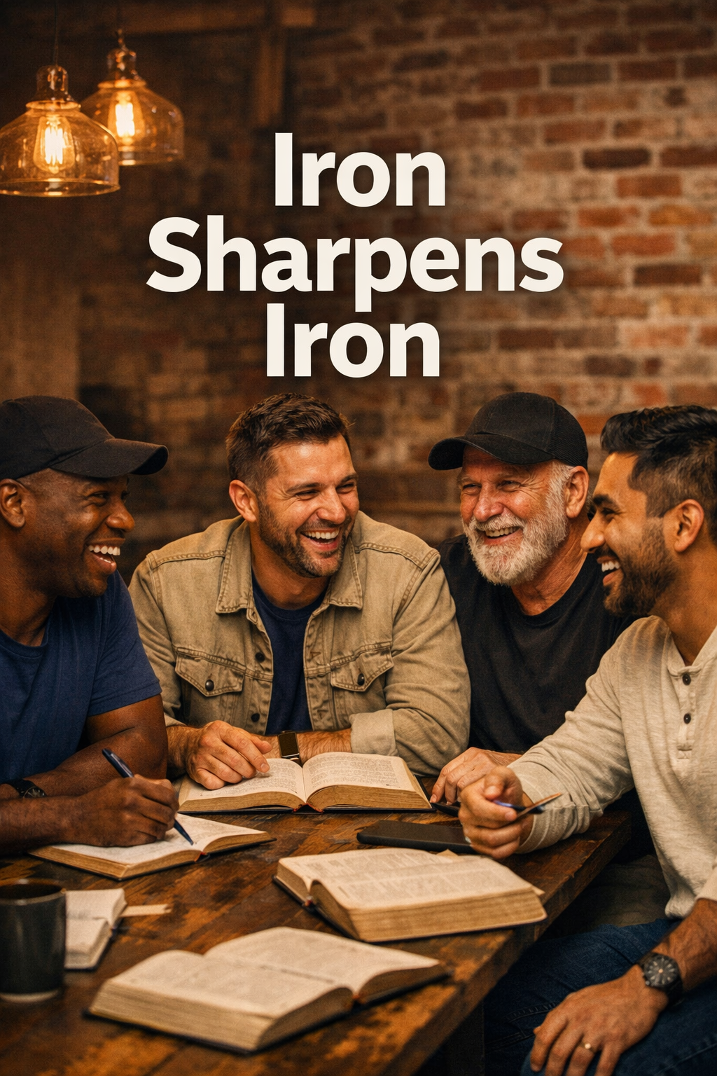 Portrait/Pinterest format (1024x1536) image of a diverse group of men gathered around a table in a casual small group Bible study setting, o