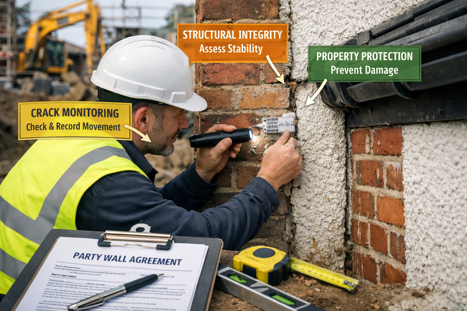 Detailed () image showing close-up of party wall surveyor in hard hat and high-visibility vest examining shared boundary