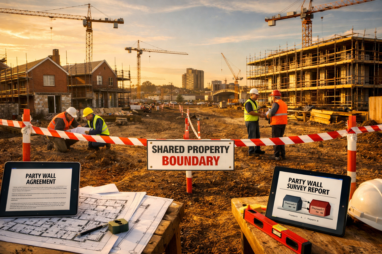 Wide-angle () image depicting modern construction site in North West England showing multiple residential and commercial