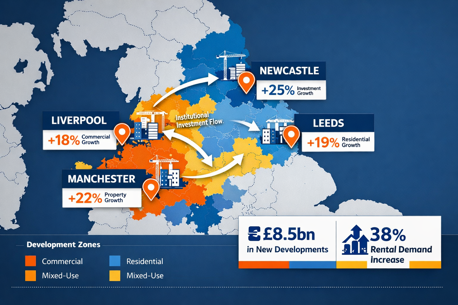 () professional infographic-style image showing map of Northern England with Manchester, Leeds, Liverpool, and Newcastle