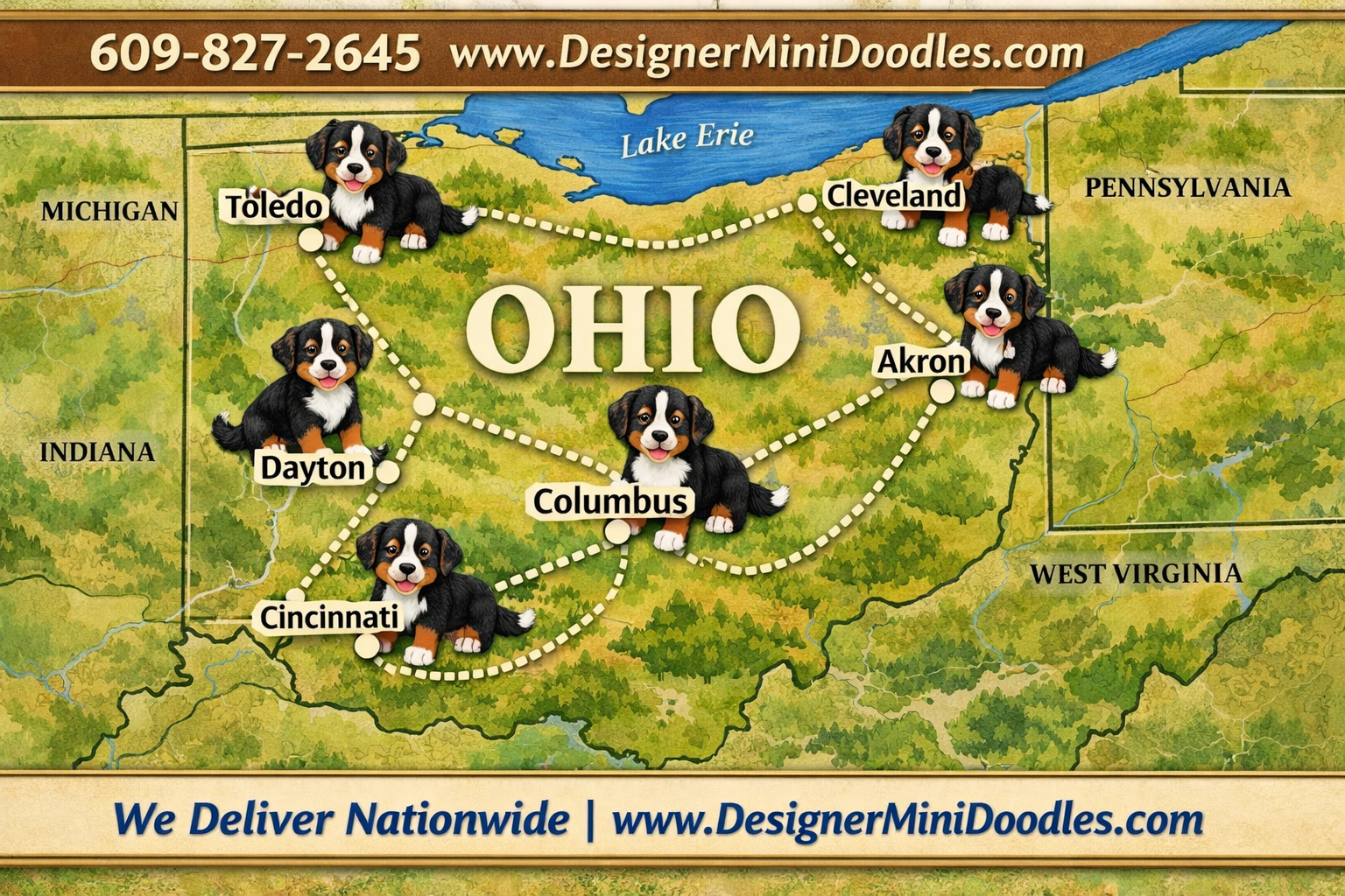 () aerial view map illustration of Ohio state with major cities marked including Columbus, Cleveland, Cincinnati, Toledo,