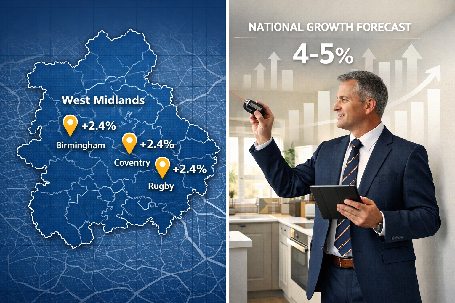 () detailed illustration showing split-screen comparison of Midlands property market recovery metrics. Left side displays